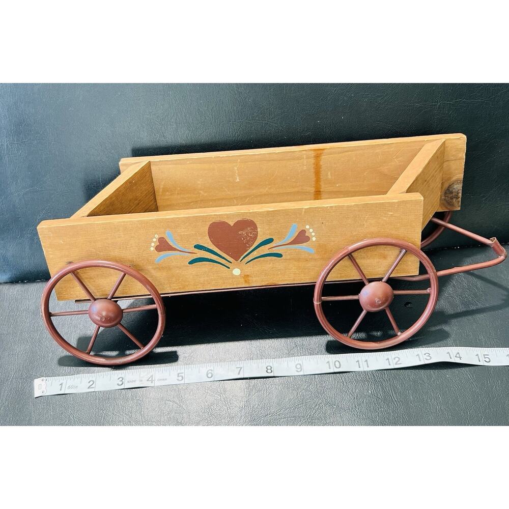Vtg Hand Painted Wood Wagon Wall Shelf Pocket Heart